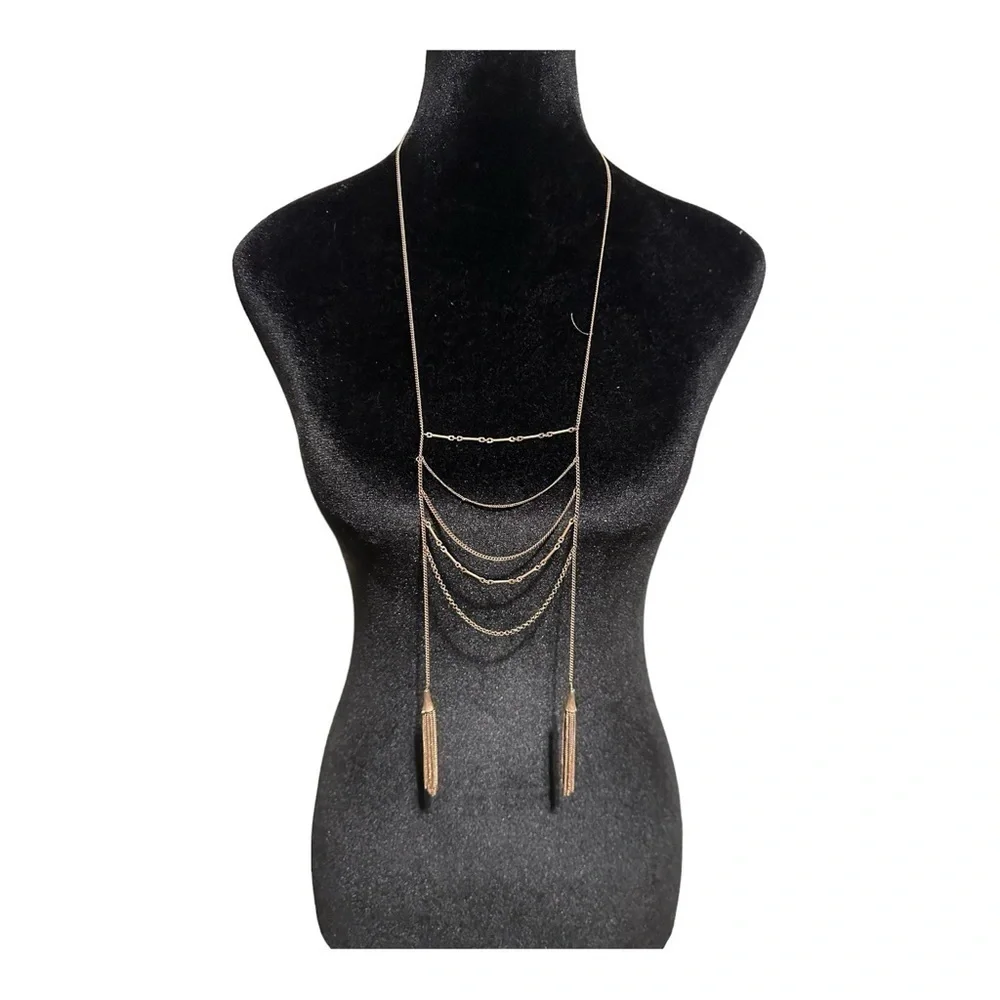 Plunder Gold Tone Ladder Tassel Necklace Structured Simple Classic Lightweight - Picture 1 of 4